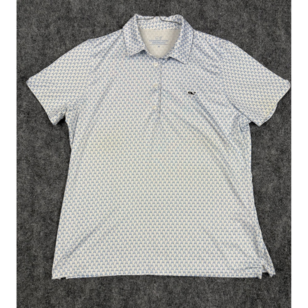 Vineyard Vines Performance Polo Shirt Mens Medium White Blue Golf Cart Print